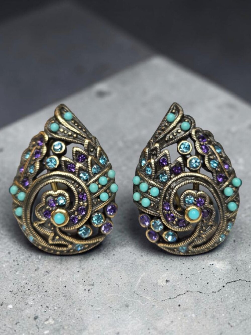 HEIDI DAUS Antique Gold=tone Turquoise Purple Crystal Teardrop Omega Earrings - Picture 5 of 5